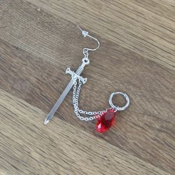 Single sword earring with red crystal Double piercing anime earring with chain Goth sword earring transforming