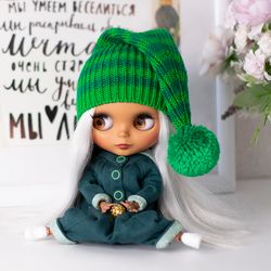 Green striped cap for Blythe doll, Pullip doll, Icy doll for Christmas or Saint Patrick's day, accessories for Blythe
