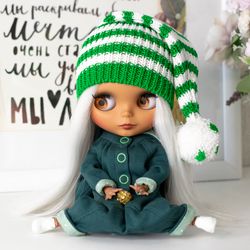 Green striped elf hat for Blythe doll, Pullip doll, Icy doll for Christmas or Saint Patrick's day, knitted accessories