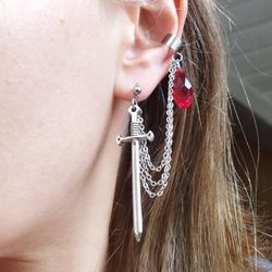 Sword earring with chain and red crystal. Goth earring cuff. Bloody dagger earring.
