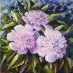Peonies. Oil painting on canvas stretched over fiberboard. Original