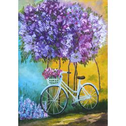 Romantic Bike Painting Floral Original Art Flowers Basket Oil Painting Provence Landscape Artwork 14 by 10