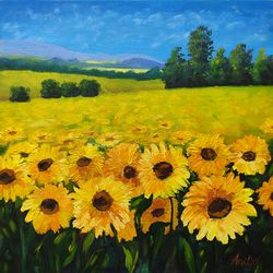 Sunflowers Oil Painting Sunflower Fields Original Wall Art Kansas Landscape Artwork 12 by 12