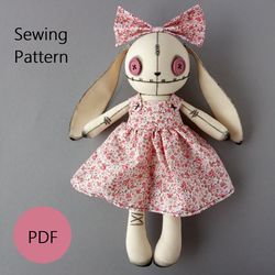 Rag Doll Bunny Sewing Pattern PDF, Stuffed Animal Pattern Tutorial Instant Download, Creepy Cute Doll in Dress DIY
