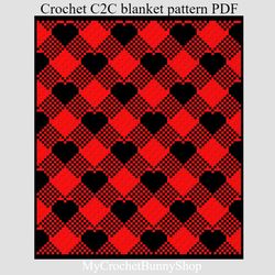 Crochet C2C Hearts Buffalo plaid blanket pattern PDF Download