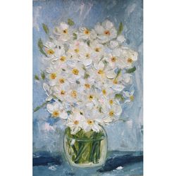 White Daffodils Original Oil Painting Still Life Artwork Flowers Impasto Wall Art