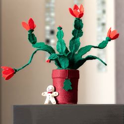 Christmas cactus, nursery shelf decor, faux plant with fake flowers, plant lover gift, decor for bookshelf or kids desk
