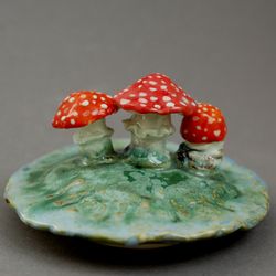 Ceramic lid Mushroom figurines fairy tale style Fly agaric family Functional ceramics cup lid Creative gift idea