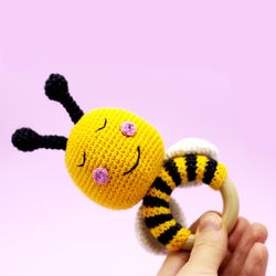 Bee toy, bee baby rattle, sunny the bee, organic eco newborn gift, gender neutral baby gift, bumble bee theme party favo