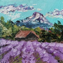 lavender farm landscape tiny painting oil original artwork lavender small painting impasto by nadia hope