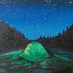 Camping Painting Tent Oil Painting 8 by 10 Starry Night Original Art Forest Artwork Travel Wall Art