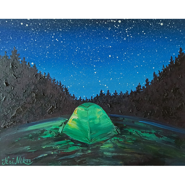 Camping Painting Tent Oil Painting 8 by 10 Starry Night Orig