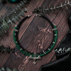 Tribal necklace. Green and black layered jewelry with arrowhead