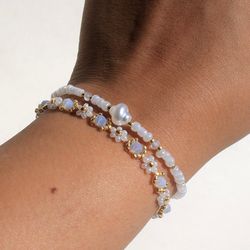 Moonlight beaded bracelets Bracelets set Cute pearl jewelry Handmade bracelet anklet Handmade flower jewelry Unique