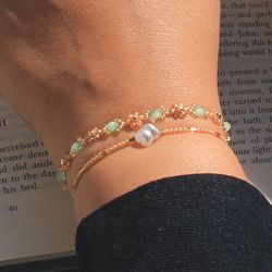 Green brown bracelets Pearl bracelet Handmade jewelry Crystal bracelet Cute jewelry Aesthetic jewelry Daisy anklet
