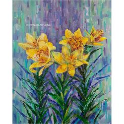 Yellow Lilies Painting Original Art Picture Decor