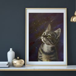 original oil cat painting on panel cosmic cat nursery decor wall hanging art