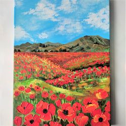Landscape original painting, Field poppies painting on canvas, Red poppies impasto painting, Flowers textured painting