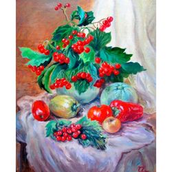 Red Berries Painting Oil Kitchen Original Art Food Artwork Still Life Canvas Art