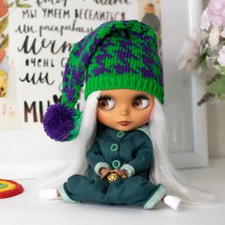 Green hat with pompom for Blythe doll, Pullip doll, Icy doll for Saint Patrick's day or Christmas, irish outfit for doll