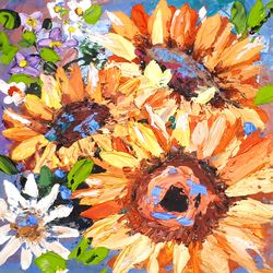 Sunflowers Painting Daisy Original Art Floral Impasto Oil Painting Flowers Art