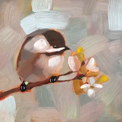 Chickadee Painting Bird Original Art Titmouse Oil Painting Animal Small Decor Wall Art 8" by 8"