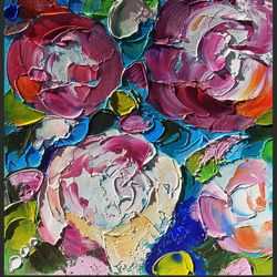 Floral Oil Painting Peonies Original Art Flower Artwork Funky Wall Art 3D Painting Floral Painting Impasto Textured