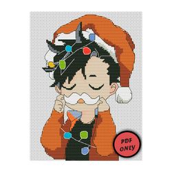 Anime cross stitch pattern PDF Christmas Haikyuu Kuro Instant Download Santa