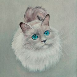 White cat. Oil painting on canvas stretched over fiberboard. Original