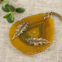 Yellow Agate Slice Necklace Brass Oak Leaf Pendant Autumn Forest Necklace Olive Mustard Agate Slab Necklace Jewelry 5440