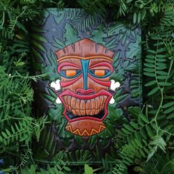 Tiki Tribal mask, Handmade leather notebook journal sketchbook A5, Tooled and painted Tiki bar book, Tiki Bar Decor