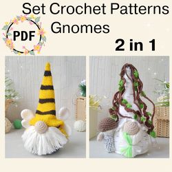 Set 2 in 1 Gnome Crochet Patterns, Bee Gnome and Birch Gnome