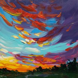 Skyscape original oil painting Sunset cloud wall art Cloudscape artwork impasto palette khife art Landscape 9"x9"