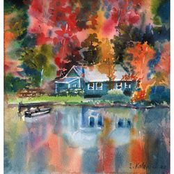 Autumn house in the mountains by the water. Original watercolor painting 8x7,4''