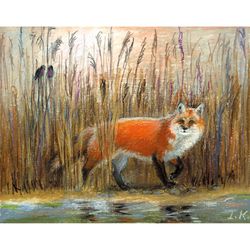 Fox in nature by the water. Original oil pastel painting 8x10''