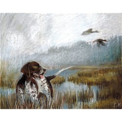 hunting pointer dog, foggy landscape. original oil pastel drawing 8x10''