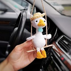 Goose plush, ducky goose on wings with hat, car mirror hanging