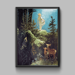little girl under a starry blue sky vintage fairy tale digital download