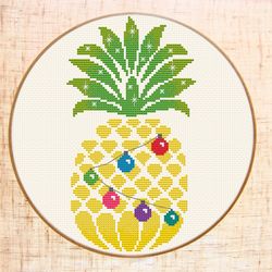 Christmas pineapple cross stitch pattern, Modern Tropical Xmas pattern PDF