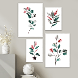 Set of 4, Watercolor Greenery Wall Art, Eucalyptus Print Collection, Plant Poster, Instant Download, Wall Decor