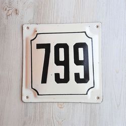 old soviet address house number sign 799 - vintage white black enamel metal number plaque