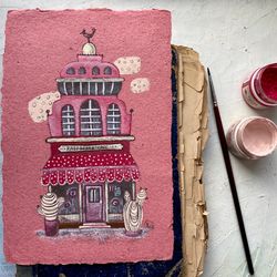 Cafe house painting Original art Pink wall art Handmade paper artwork by Rubinova