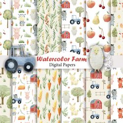 Watercolor Farm paper, farm animals watercolor, nursery, seamless pattern.