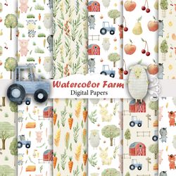 watercolor farm paper, farm animals watercolor, nursery, seamless pattern.