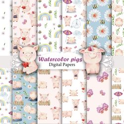 Watercolor pigs, farm animals watercolor, pig digital paper, seamless pattern.