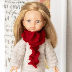Openwork red crochet scarf for 13" dolls Paola Reina, Meadowdolls Dumplings, Siblies, Corolle, Little Darling, Minouche