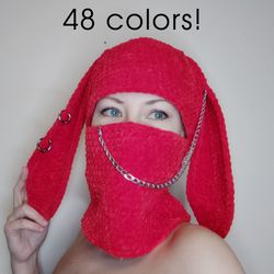48 colors! Crochet bunny balaclava Red bunny hat with ear 12 inches Crazy bunny ears balaclava for teens