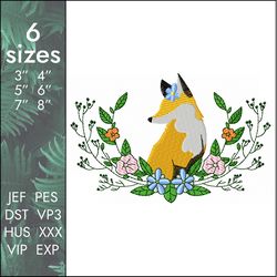 Fox Embroidery Design, beautiful animal in flowers, 6 sizes