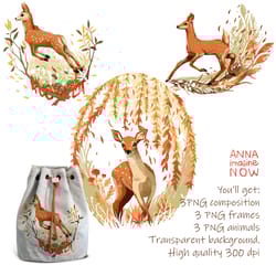 deer set digital clipart png forest wood animals print autumn fall leaves frame orange red bambi