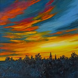 Sunset Painting Night Landscape Oil Painting 10 by 10 Trees Original Art Skyline Wall Art Skyscape Artwork